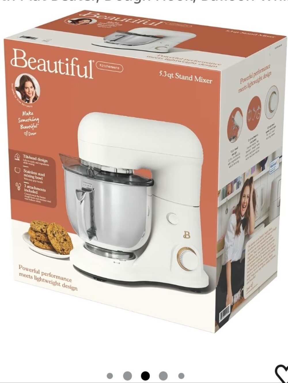 Beautiful 5.3 Qt Stand Mixer, White Icing with Flat Beater, Dough Hook